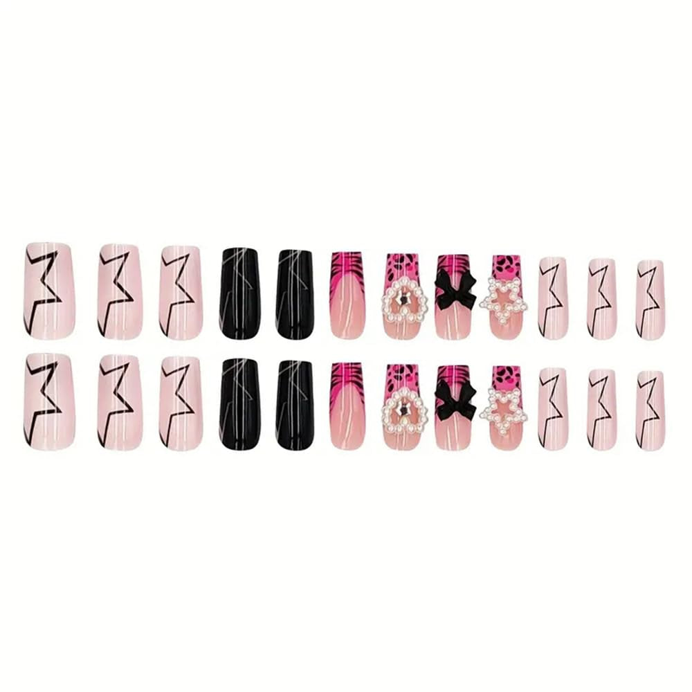 24-Piece Medium Square Pink Press-On Nails - Winter-Themed French Nail Art Tips with Charms and Pentagram Design, Full Cover Acrylic Nail Kit