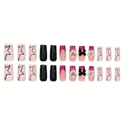 24-Piece Medium Square Pink Press-On Nails - Winter-Themed French Nail Art Tips with Charms and Pentagram Design, Full Cover Acrylic Nail Kit