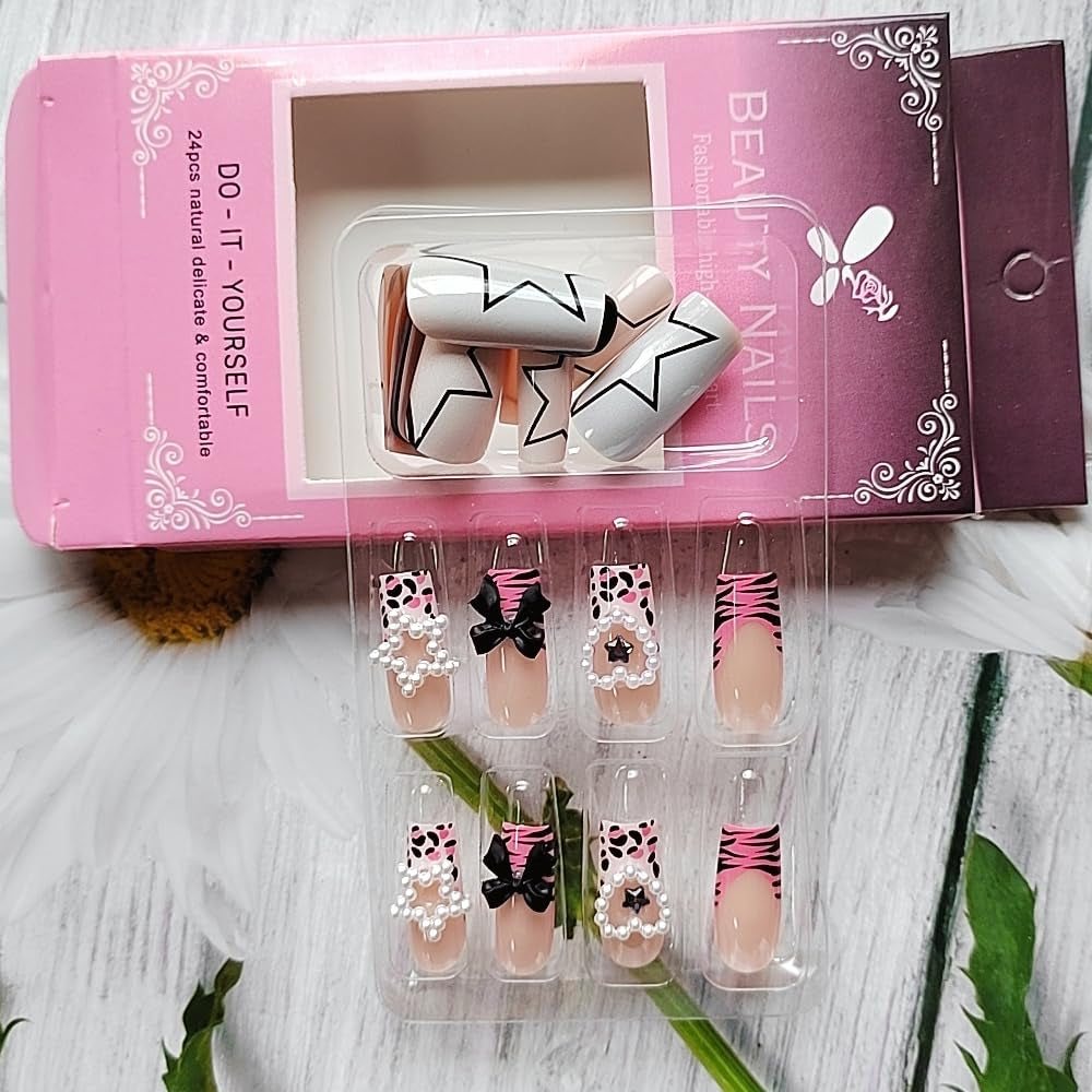 24-Piece Medium Square Pink Press-On Nails - Winter-Themed French Nail Art Tips with Charms and Pentagram Design, Full Cover Acrylic Nail Kit