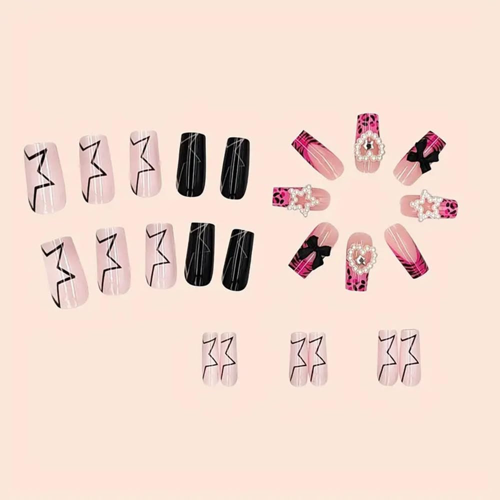 24-Piece Medium Square Pink Press-On Nails - Winter-Themed French Nail Art Tips with Charms and Pentagram Design, Full Cover Acrylic Nail Kit