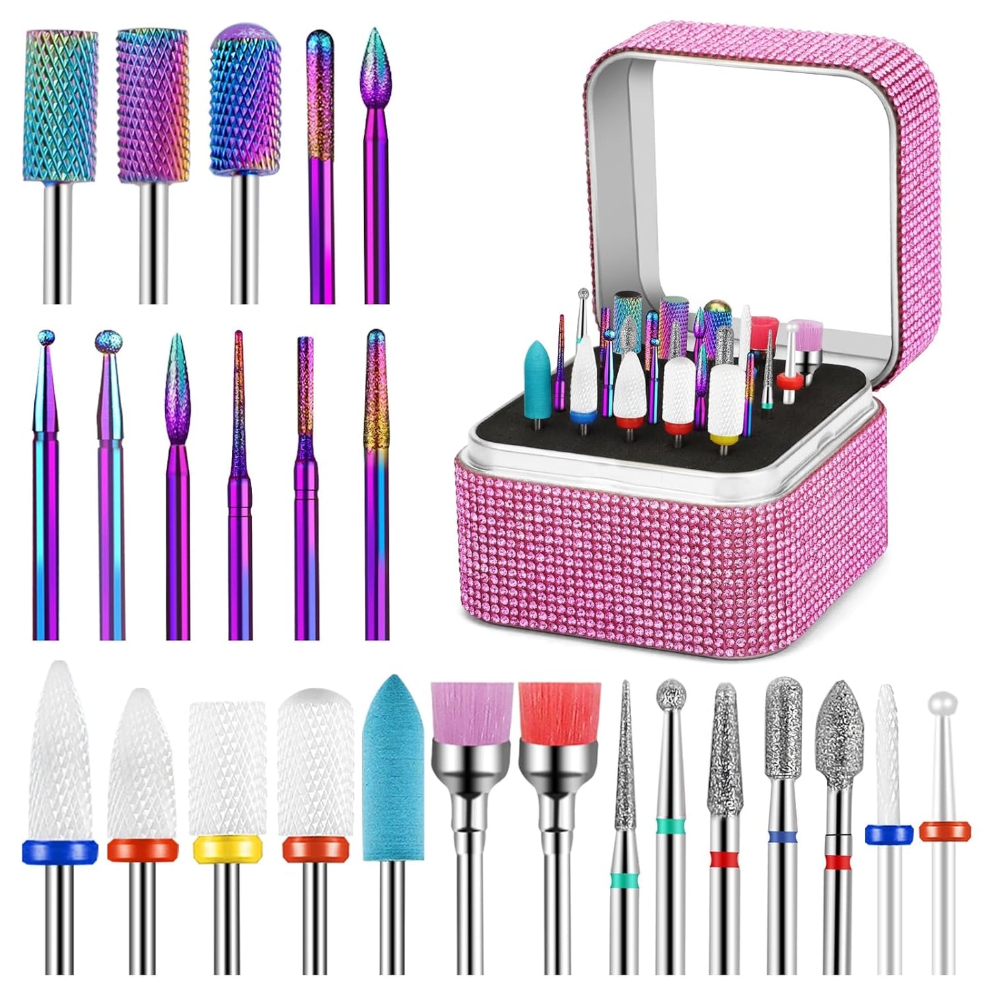25-Piece Nail Drill Bit Set with Storage Box, 3/32 Inch Tungsten Ceramic Diamond Carbide Bits for Acrylic and Gel Polish, Cuticle E-file Remover for Manicure and Pedicure