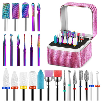 25-Piece Nail Drill Bit Set with Storage Box, 3/32 Inch Tungsten Ceramic Diamond Carbide Bits for Acrylic and Gel Polish, Cuticle E-file Remover for Manicure and Pedicure