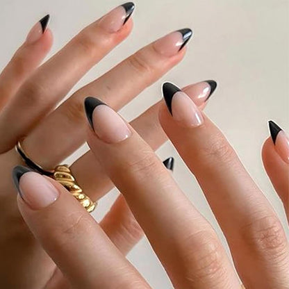 6-Pack French Tip Press-On Nails - Almond, Square, and Coffin Shapes, Short Artificial Nails with Adhesive (White and Black)