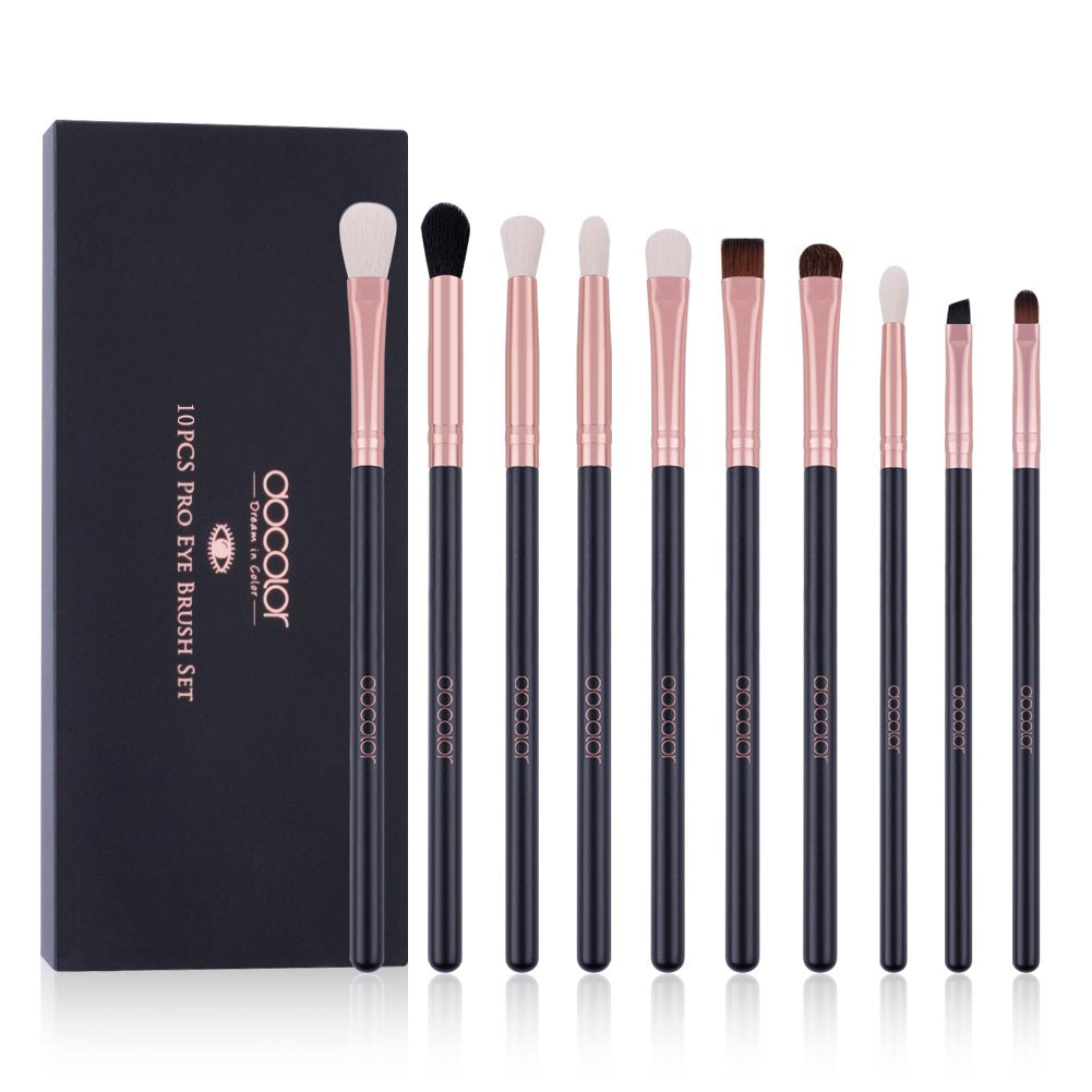 10-Piece Professional Eyeshadow Brush Set with Eyebrow and Eyeliner Brushes, Soft Blending Brushes for Travel and DIY Eye Art (Black Rose Gold Wooden Handle)