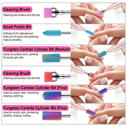 25-Piece Nail Drill Bit Set with Storage Box, 3/32 Inch Tungsten Ceramic Diamond Carbide Bits for Acrylic and Gel Polish, Cuticle E-file Remover for Manicure and Pedicure
