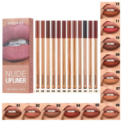PHOFAY 12-Color Nude Lip Liner Set | Waterproof & Ultra-Smooth Lip Pencils | Ideal Gift for Everyday Makeup