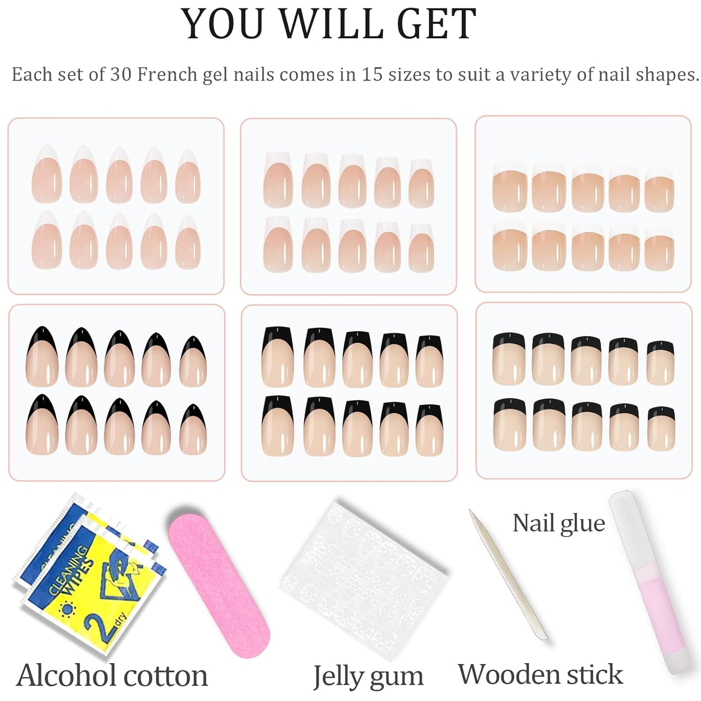 6-Pack French Tip Press-On Nails - Almond, Square, and Coffin Shapes, Short Artificial Nails with Adhesive (White and Black)