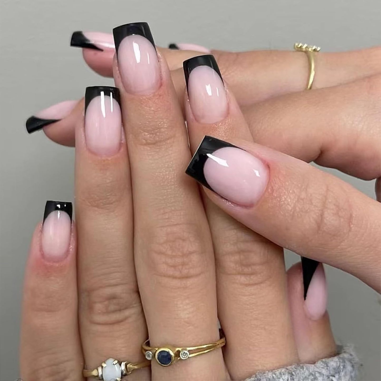 6-Pack French Tip Press-On Nails - Almond, Square, and Coffin Shapes, Short Artificial Nails with Adhesive (White and Black)