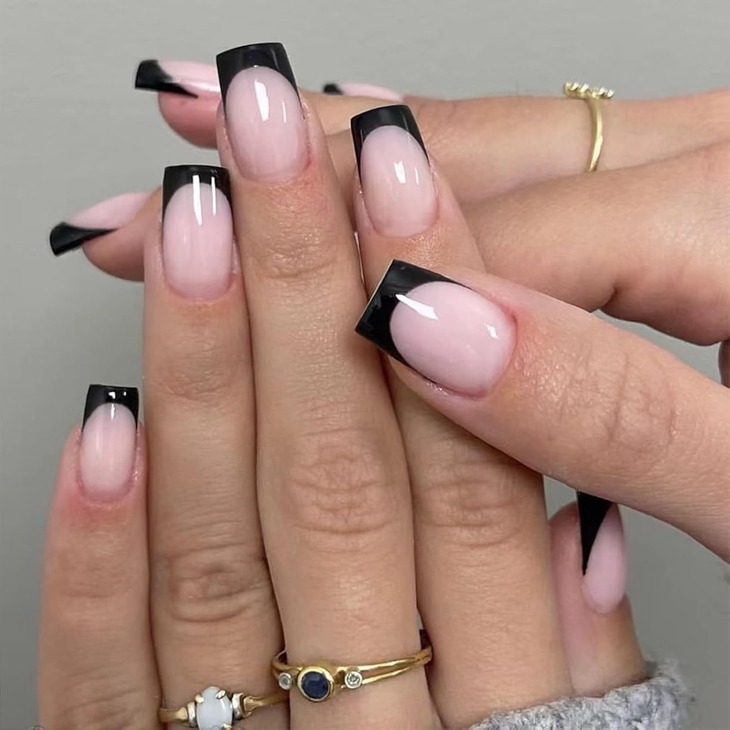 6-Pack French Tip Press-On Nails - Almond, Square, and Coffin Shapes, Short Artificial Nails with Adhesive (White and Black)