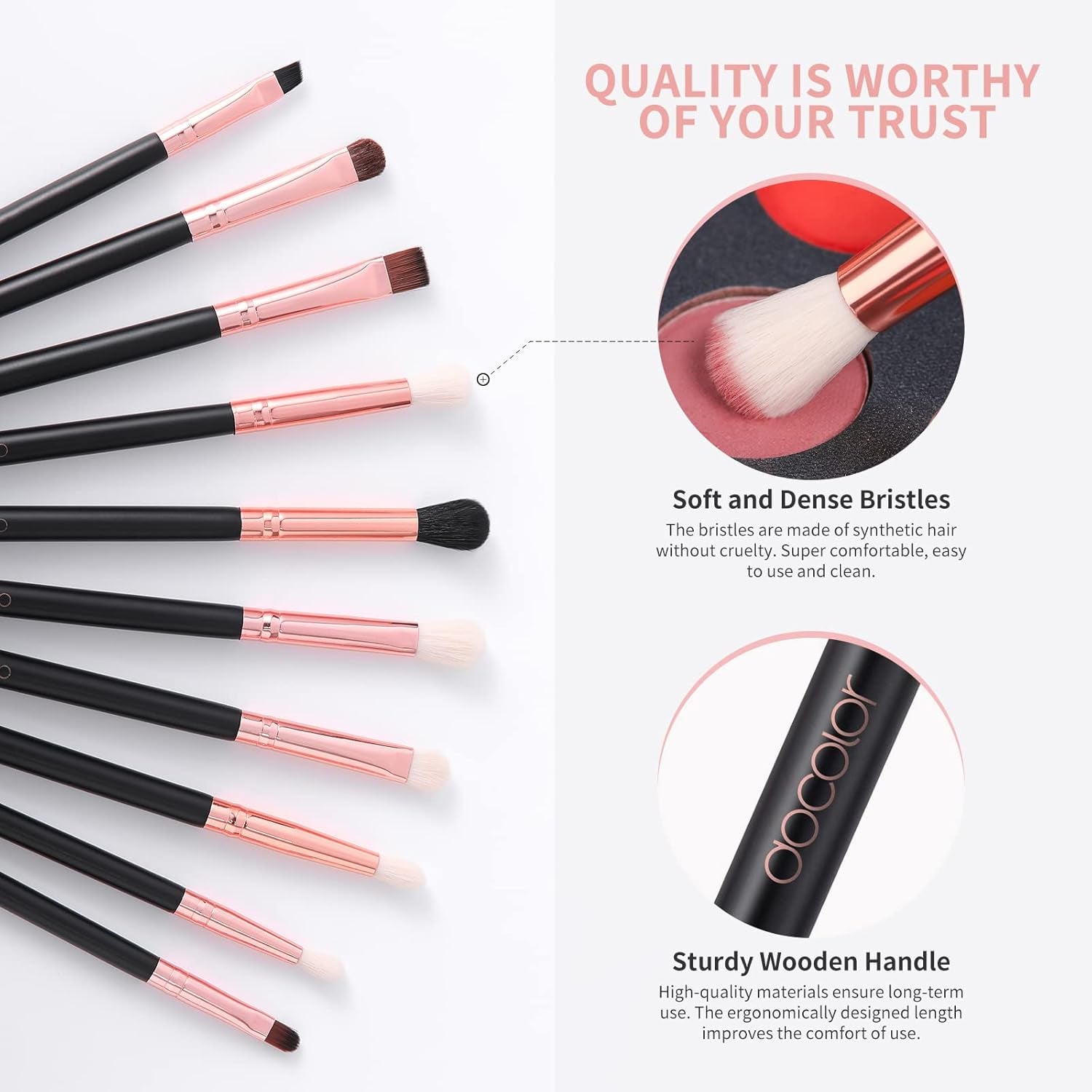10-Piece Professional Eyeshadow Brush Set with Eyebrow and Eyeliner Brushes, Soft Blending Brushes for Travel and DIY Eye Art (Black Rose Gold Wooden Handle)