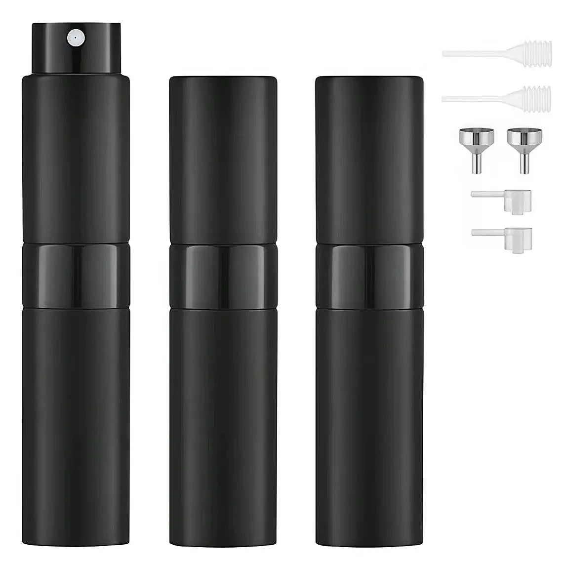 3Pcs 8Ml Aluminium Refillable Perfume Atomizer Bottle Set - Lightweight Leak-Proof Empty Cosmetic Cologne Containers with Funnel, Home Decor Organizer for Travel, Essential Oils, Glass Hats, Shoes, Makeup Tool Kit Storage Bag Matte Black Cabinet Tiktoksho
