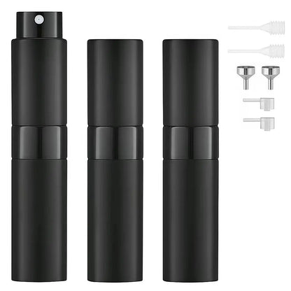 3Pcs 8Ml Aluminium Refillable Perfume Atomizer Bottle Set - Lightweight Leak-Proof Empty Cosmetic Cologne Containers with Funnel, Home Decor Organizer for Travel, Essential Oils, Glass Hats, Shoes, Makeup Tool Kit Storage Bag Matte Black Cabinet Tiktoksho