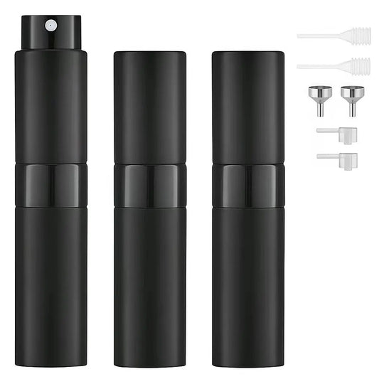 3Pcs 8Ml Aluminium Refillable Perfume Atomizer Bottle Set - Lightweight Leak-Proof Empty Cosmetic Cologne Containers with Funnel, Home Decor Organizer for Travel, Essential Oils, Glass Hats, Shoes, Makeup Tool Kit Storage Bag Matte Black Cabinet Tiktoksho