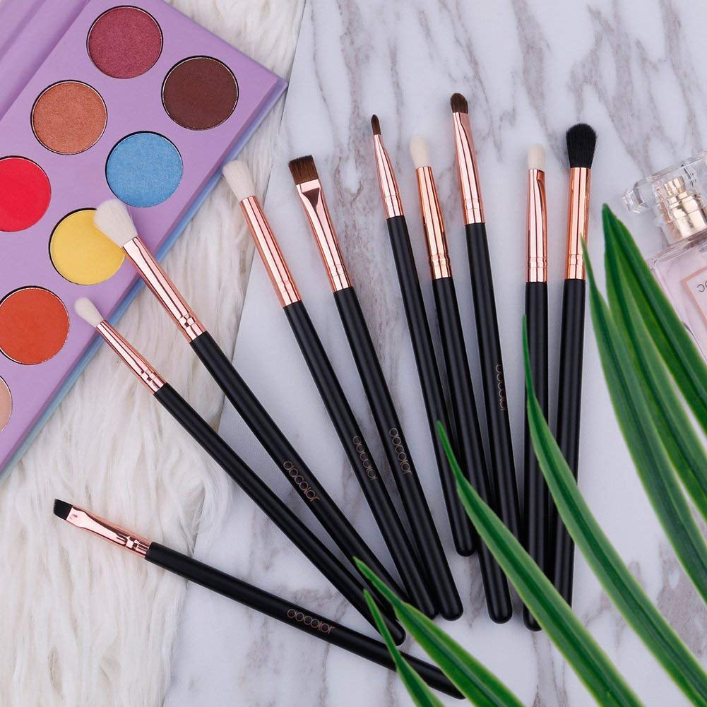 10-Piece Professional Eyeshadow Brush Set with Eyebrow and Eyeliner Brushes, Soft Blending Brushes for Travel and DIY Eye Art (Black Rose Gold Wooden Handle)