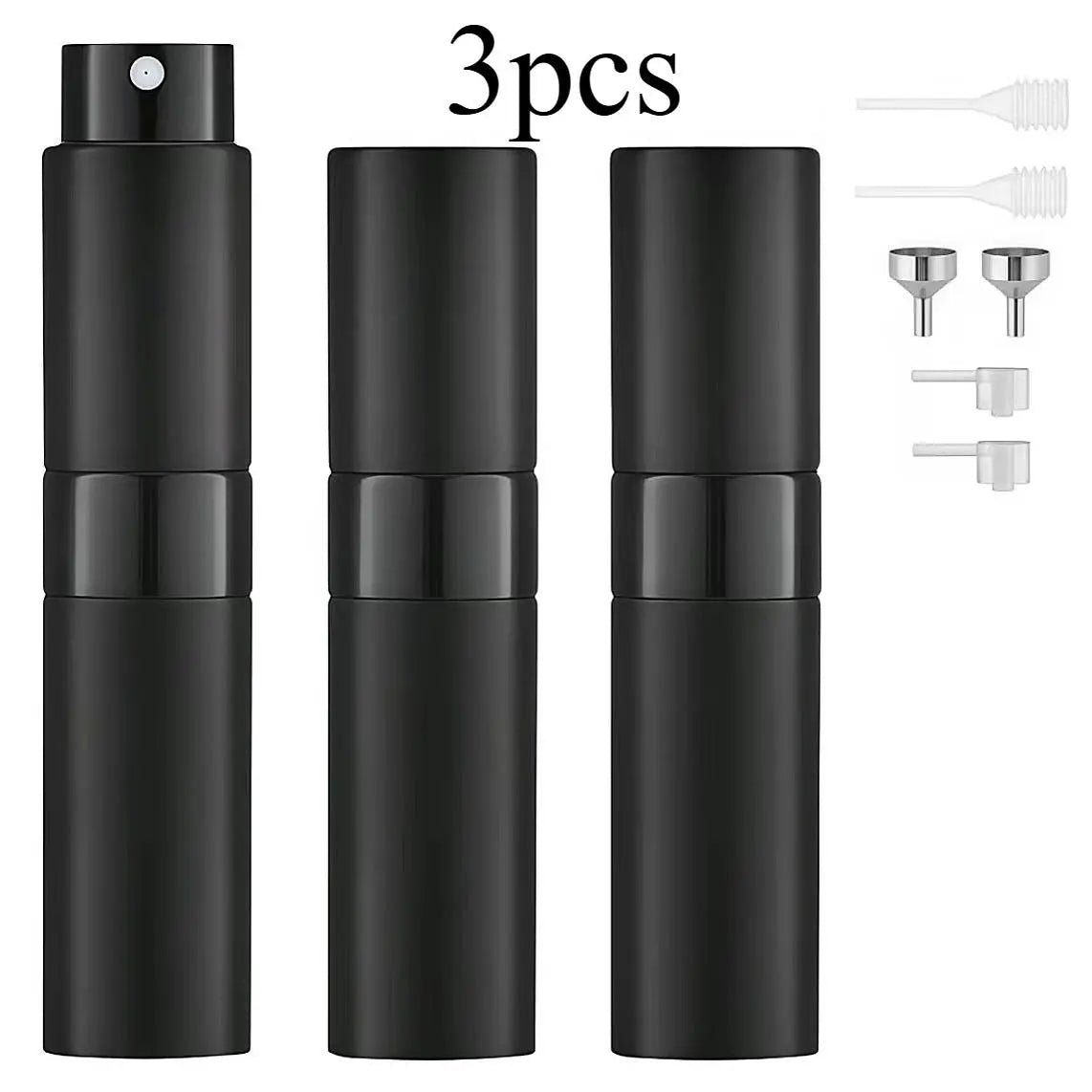 3Pcs 8Ml Aluminium Refillable Perfume Atomizer Bottle Set - Lightweight Leak-Proof Empty Cosmetic Cologne Containers with Funnel, Home Decor Organizer for Travel, Essential Oils, Glass Hats, Shoes, Makeup Tool Kit Storage Bag Matte Black Cabinet Tiktoksho