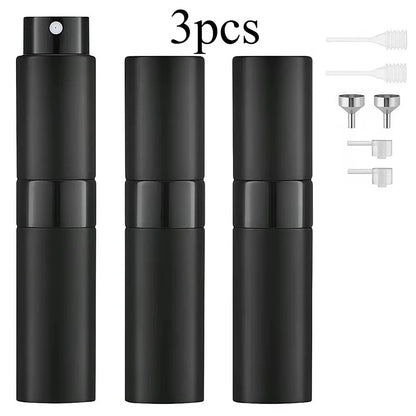 3Pcs 8Ml Aluminium Refillable Perfume Atomizer Bottle Set - Lightweight Leak-Proof Empty Cosmetic Cologne Containers with Funnel, Home Decor Organizer for Travel, Essential Oils, Glass Hats, Shoes, Makeup Tool Kit Storage Bag Matte Black Cabinet Tiktoksho