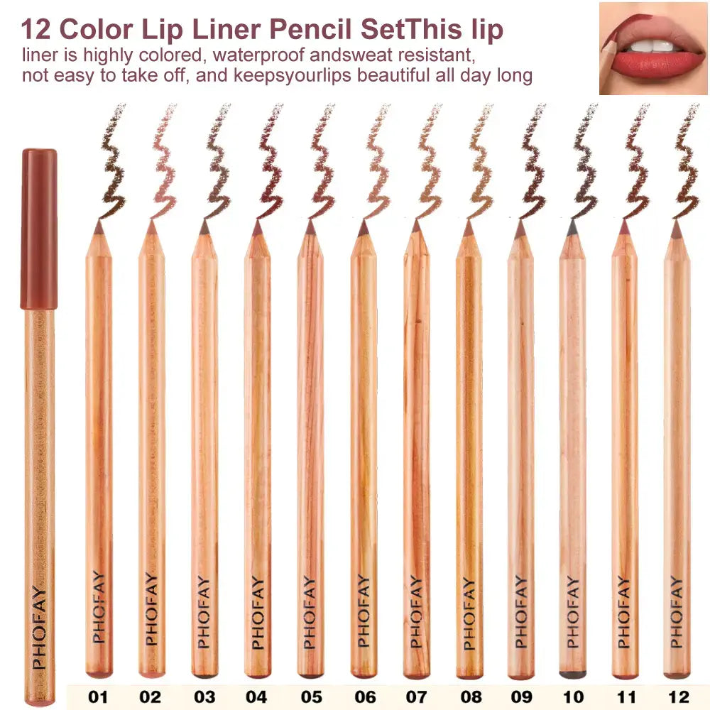 PHOFAY 12-Color Nude Lip Liner Set | Waterproof & Ultra-Smooth Lip Pencils | Ideal Gift for Everyday Makeup