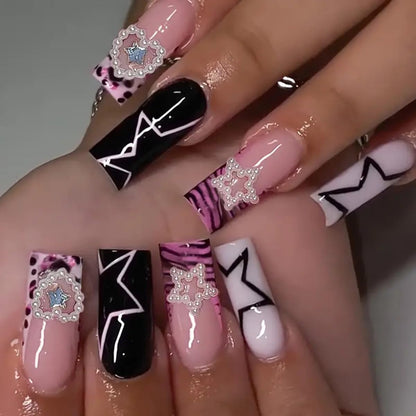 24-Piece Medium Square Pink Press-On Nails - Winter-Themed French Nail Art Tips with Charms and Pentagram Design, Full Cover Acrylic Nail Kit