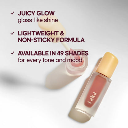 Laka Full-Size Fruity Glam Tint - Lightweight Glossy Lip Tint in 49 Shades
