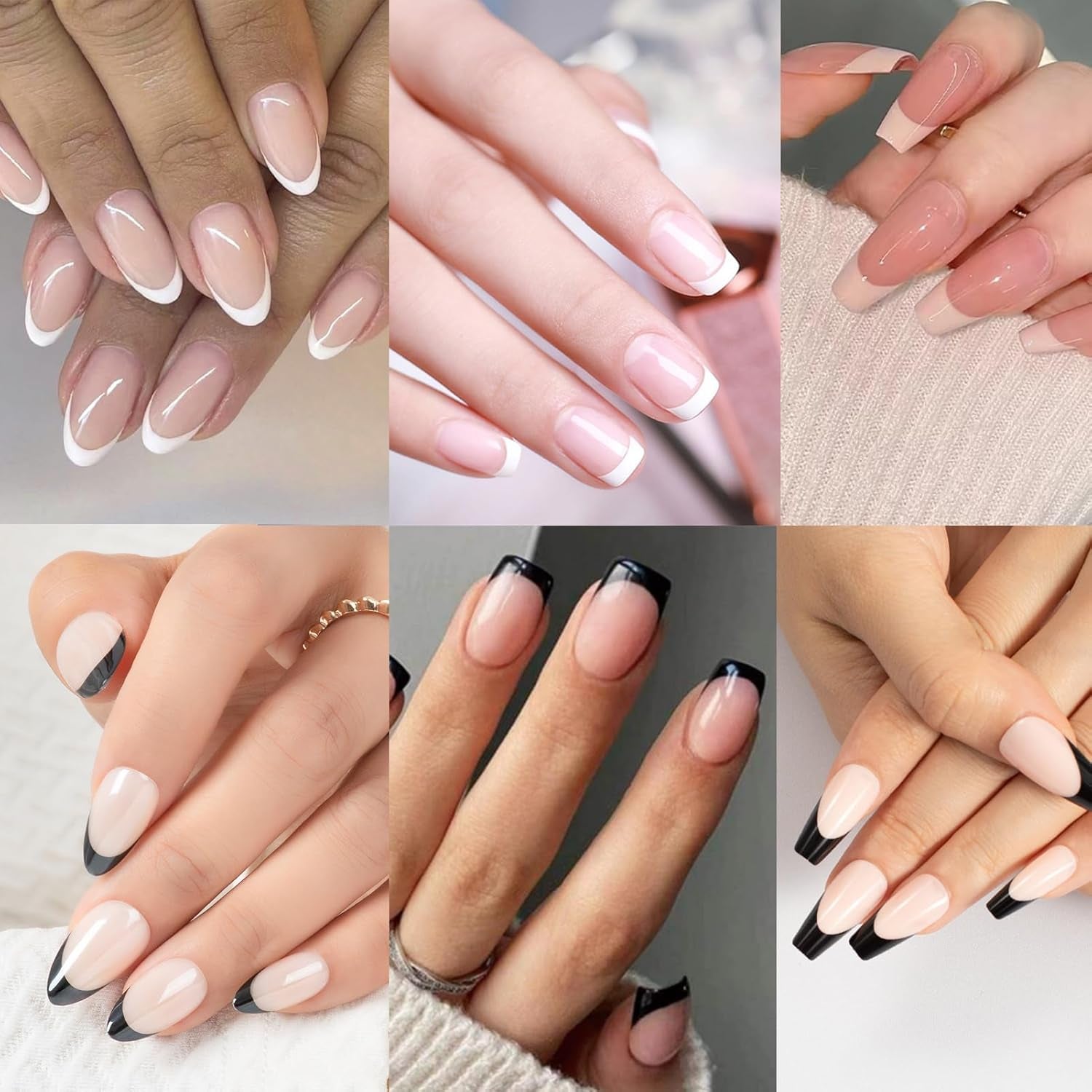 6-Pack French Tip Press-On Nails - Almond, Square, and Coffin Shapes, Short Artificial Nails with Adhesive (White and Black)